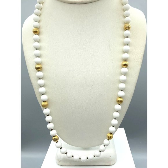 Vintage White Lucite and Textured Gold Tone Beaded Necklace, Chic Classic Strand - Picture 1 of 4